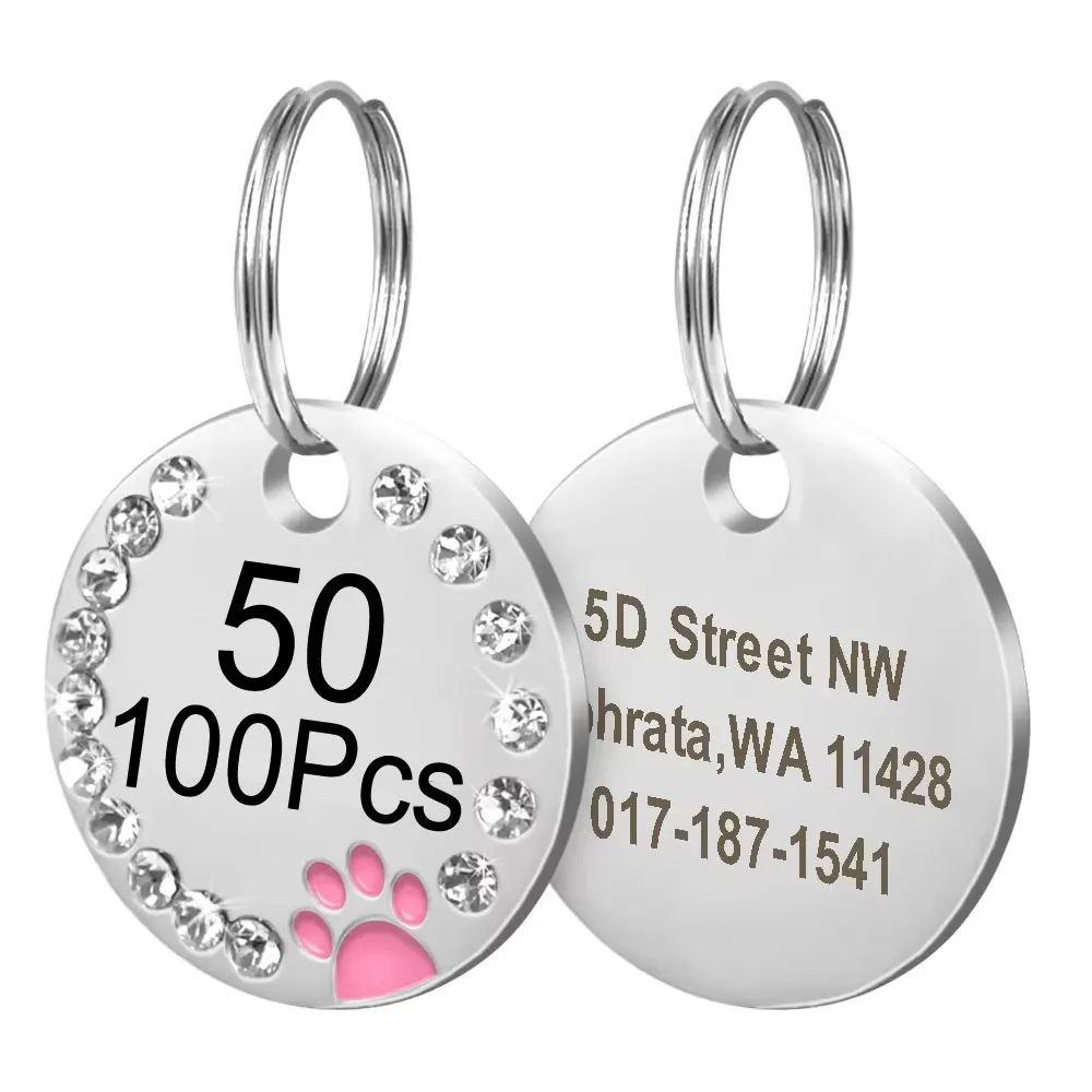 Venta al por mayor, 100/50 Uds., diamantes de imitación, lindo círculo, pata, identificación grabada, etiqueta de perro, tienda de mascotas de aleación para placa de Animal personalizada