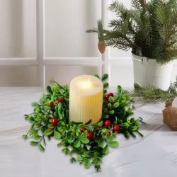 Anillo de vela de Navidad, sillas de comedor, cocina, regalo, fiesta, granja con bayas rojas, vela redonda, guirnalda, decoración central de mesa