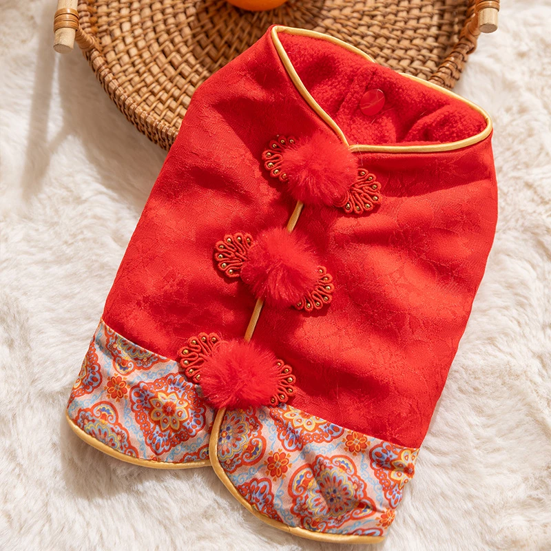 Overol de Año Nuevo rojo con flor dorada para Chihuahua - imagen 4