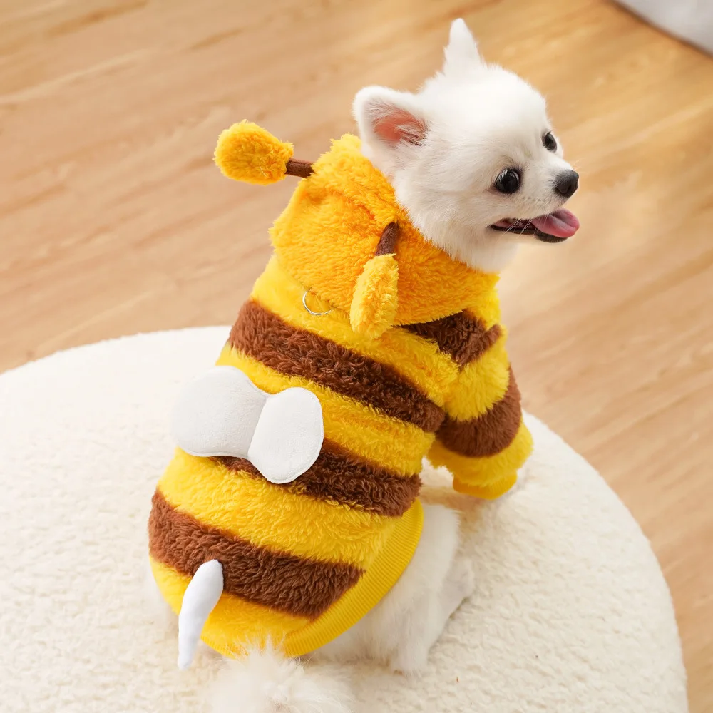 Ropa para mascotas para cachorros, disfraz de felpa estilo abeja, ropa para gatos y mascotas, ropa cálida de felpa para otoño e invierno, ropa para perros pequeños - imagen 3