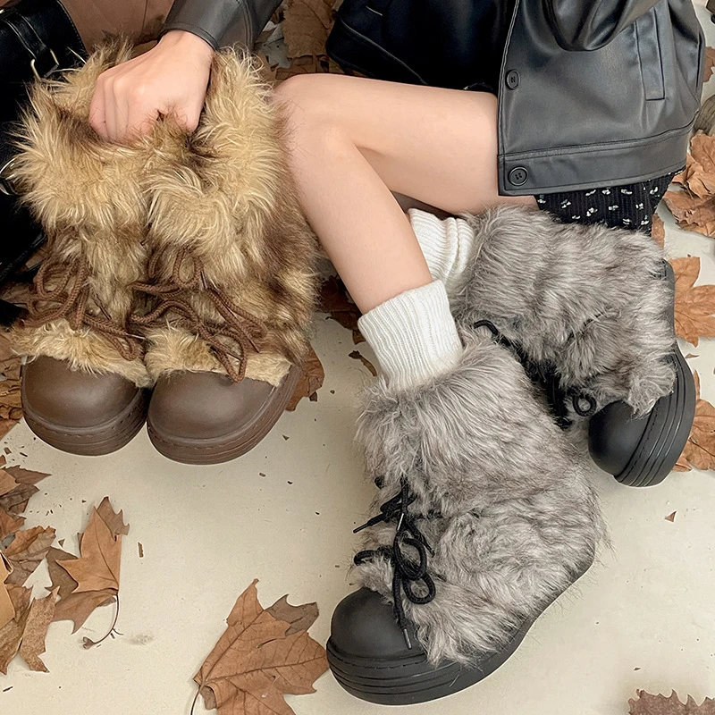 Botas de nieve de felpa con punta redonda para mujer, con cordones, parte inferior gruesa, para mantener el calor en invierno, moda para exteriores, jóvenes - imagen 3