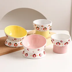 Cuenco de gato de dibujos animados, pie alto de cerámica, protección antiobturn, cuencos de comida de arroz con agua potable para perros cervicales, suministros, 1 ud.