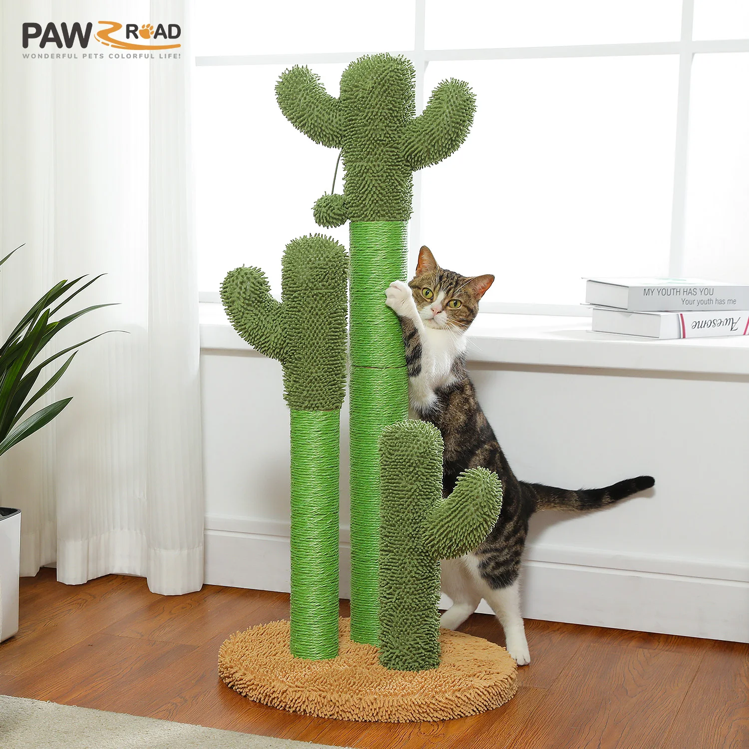 Poste rascador para gatos con 3 postes rascadores naturales y bola colgante interactiva, rascador para gatos de cactus para interiores, juguetes para gatos