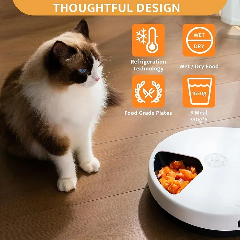 Comedero automático para mascotas, comida húmeda con refrigeración, dispensador con temporizador de 5 comidas, refrigeración semiconductora que mantiene la comida fresca de 12 horas para perros y gatos - imagen 2
