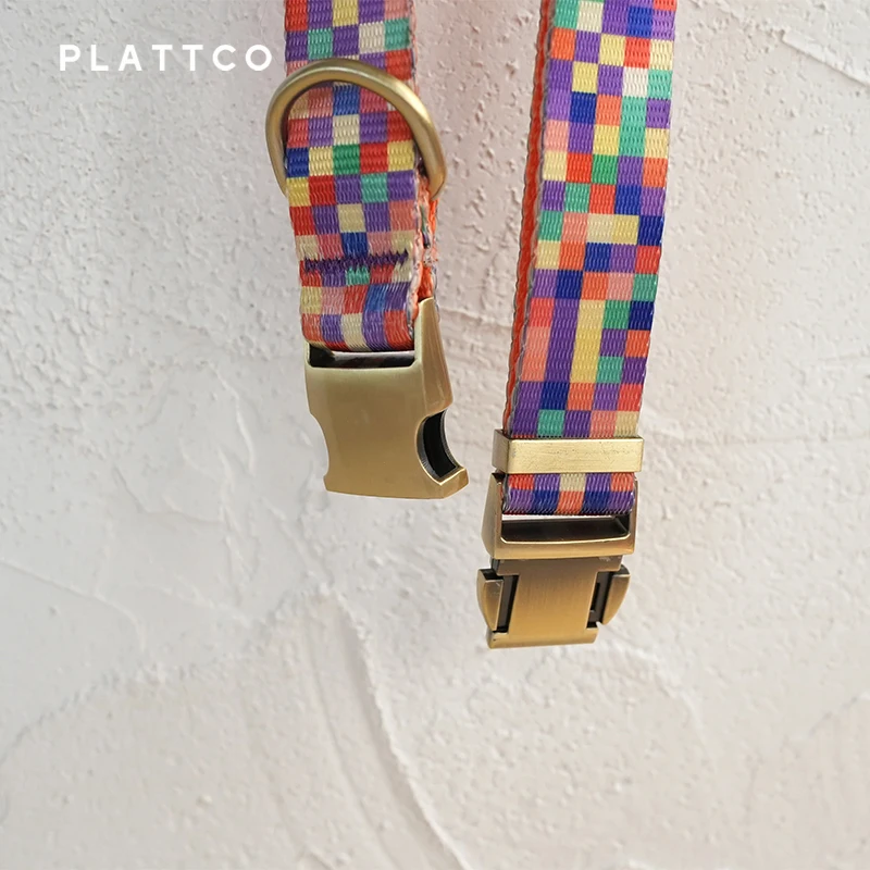 PLATTCO collar de perro de diseño único estampado NEON PLAID con hebilla de bronce de alta calidad talla 5 PDC308BR - imagen 5