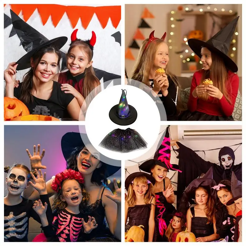 Sombrero de bruja con luz LED para niños, niñas y mujeres, falda de telaraña, disfraz de Mago para fiesta de Halloween - imagen 5