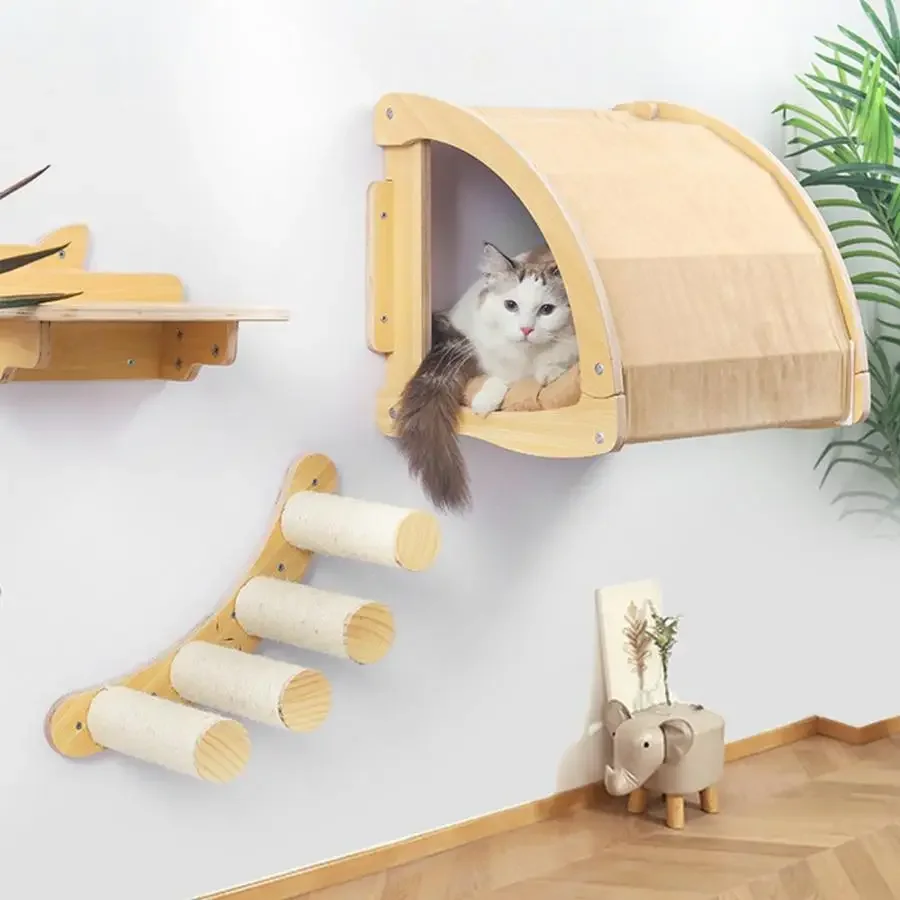 Poste rascador para gatos, plataforma de salto de nubes, árbol de madera ecológico para gatos, marco de escalada para mascotas, nido para gatos montado en la pared de Sisal