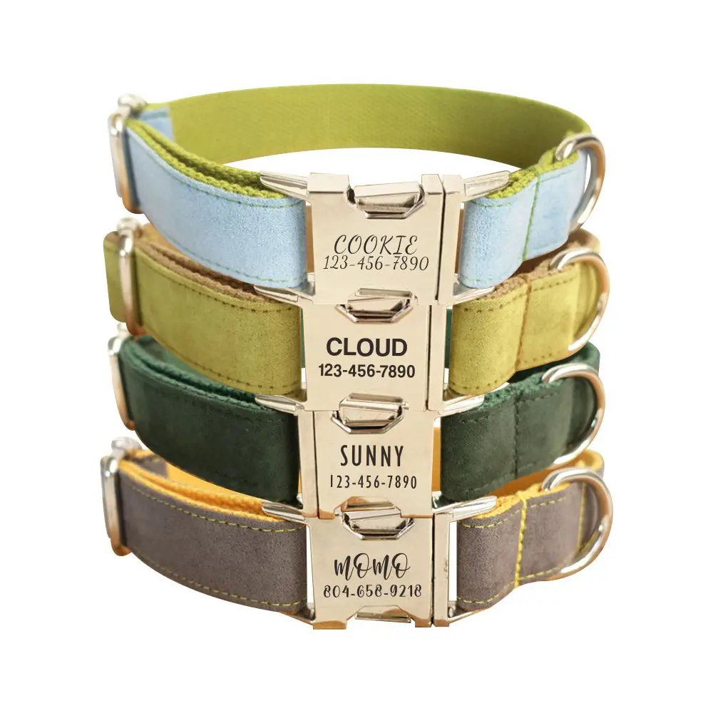 Collar de perro personalizado, correas a juego, nombre de identificación personalizado, hebilla de contactos, collares ajustables de terciopelo suave Multicolor para perros y mascotas