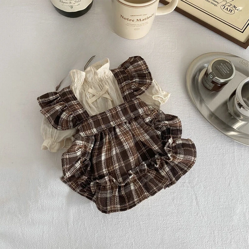 Falda con tirantes a cuadros para mascotas, camisa plisada a cuadros para gatos, camisetas interiores con lazo, ropa para cachorros, vestidos para perros pequeños - imagen 2