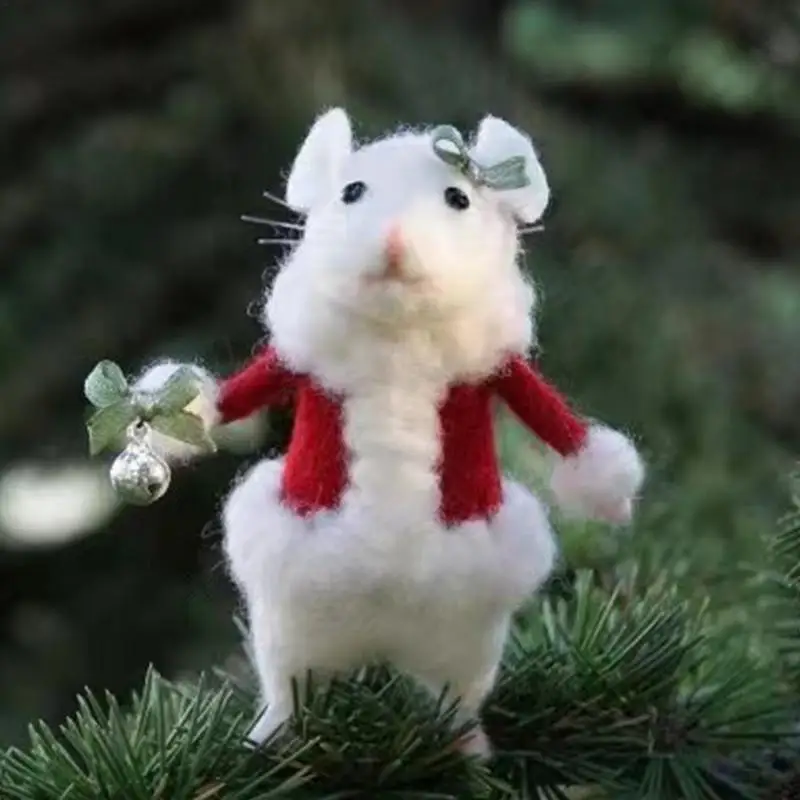 Adorno de ratón navideño de fieltro de lana, decoración de ratón blanco, Invierno - imagen 4