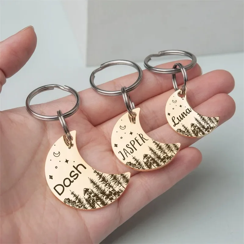 Etiquetas de identificación de mascotas con forma de luna personalizadas, etiqueta de madera y estrellas para perros y gatos, Collar de identificación de perro con número de nombre personalizado para cachorros y gatitos, accesorios para mascotas - imagen 2