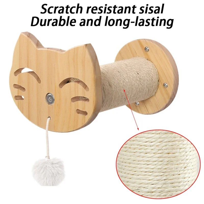 Torre de madera de pino para gatos, poste rascador montado en la pared, hamaca de Sisal para gatos, juguetes interactivos, marco de escalada en pared, muebles, suministros para mascotas - imagen 5