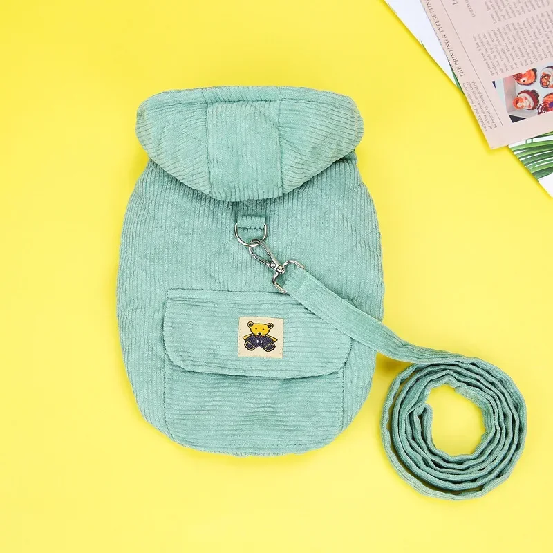 Abrigo de pana para perro con correa, anillo en D, sudadera con capucha de invierno para perro, sudaderas con bolsillos para perros pequeños, ropa para Chihuahua, cachorro - imagen 4