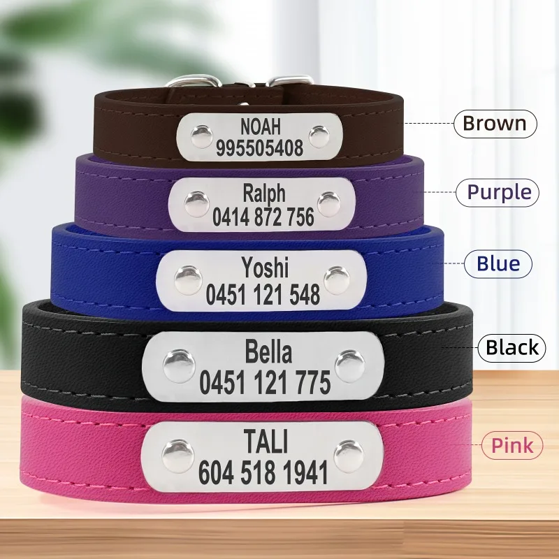 Collar de perro personalizado con nombre, etiqueta de identificación tallada, Collar de cuero PU sólido antipérdida para perros pequeños, medianos y grandes, suministros para cachorros y gatos - imagen 3