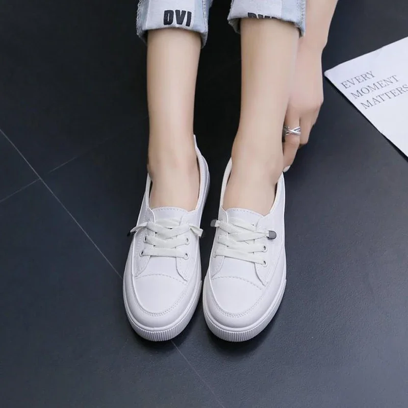 Zapatos Deportivos blancos para mujer, calzado de piel sintética suave, transpirable y antideslizante, de boca baja, estilo universitario, con cordones, 2024 - imagen 2