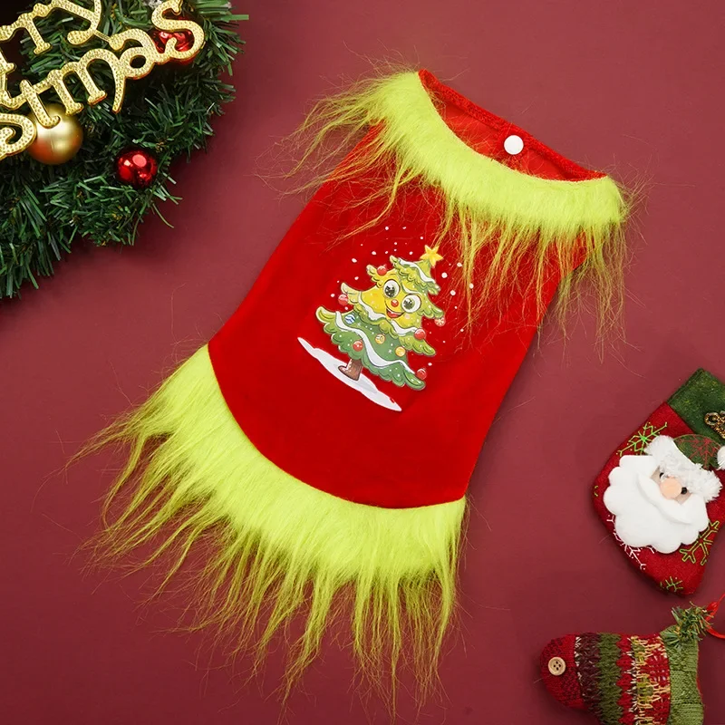 Tallas S–XL para perros pequeños y medianos Chaleco para perros con ribete peludo y árbol de Navidad, camisa navideña cálida de terciopelo, rojo/verde, flecos divertidos, - imagen 5