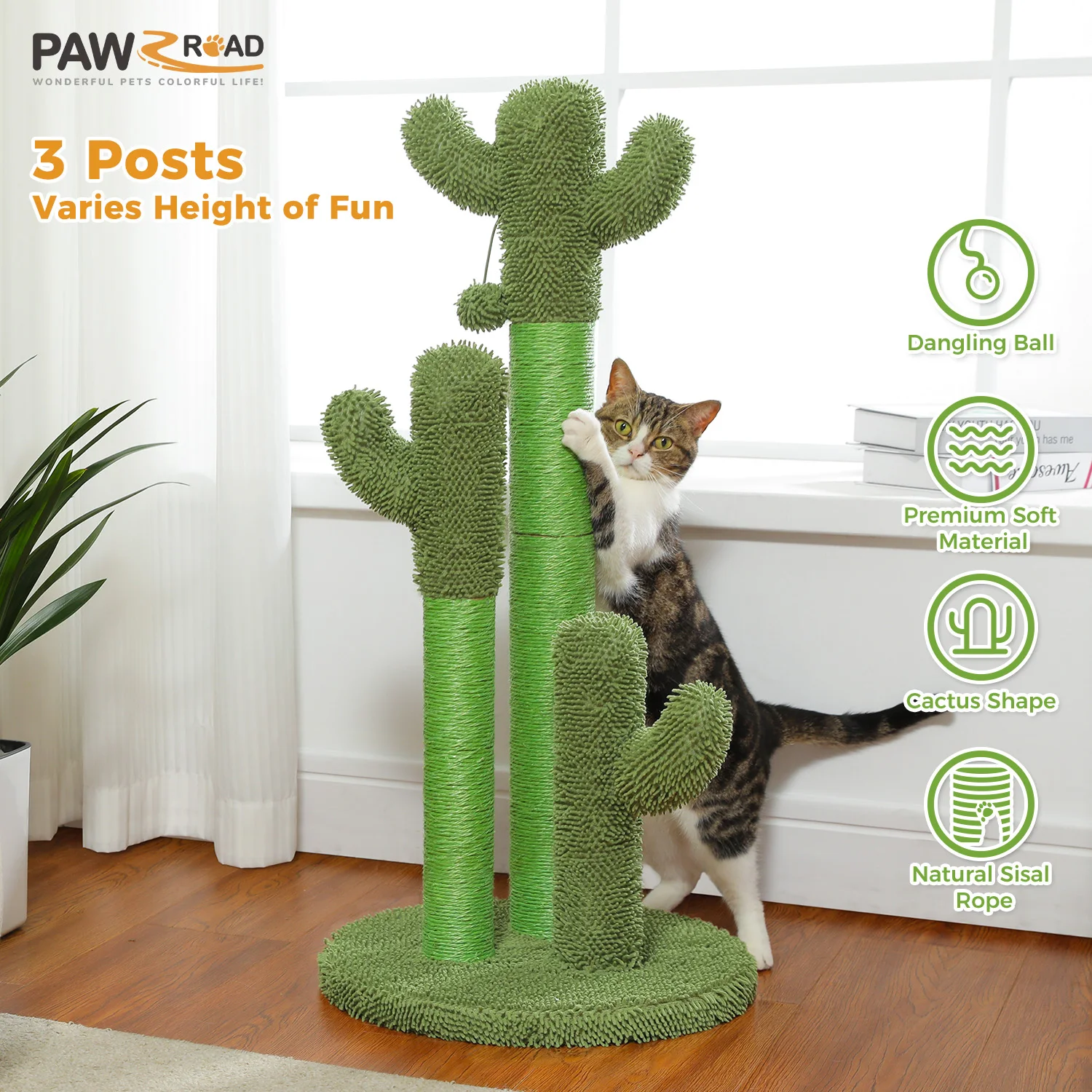 Poste rascador para gatos con 3 postes rascadores naturales y bola colgante interactiva, rascador para gatos de cactus para interiores, juguetes para gatos - imagen 2