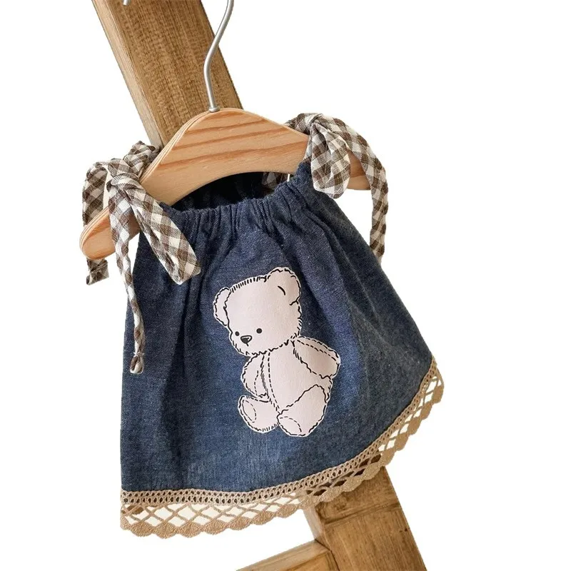 Vestido vaquero con tirantes para mascotas, chaleco con tirantes vaqueros de dibujos animados para gatos, oso de peluche, tocado con lazo superior para perros, vestidos para perros pequeños - imagen 5