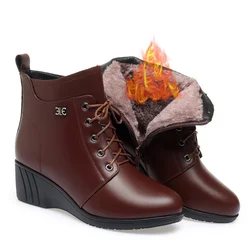 Otoño Invierno, zapatos gruesos de algodón y piel cálida, tacones altos para mujer, cuñas de cuero, botines de fondo plano de fondo suave