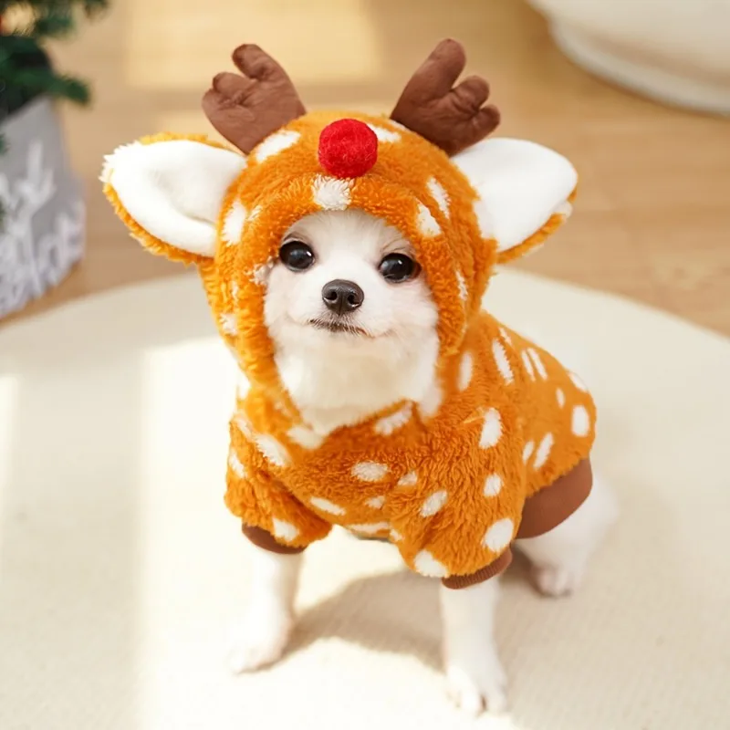 Adorable disfraz de mascota de reno con sombrero para raza media, traje de Navidad de invierno con forro polar suave y cálido, regalo de Navidad para gato/perro