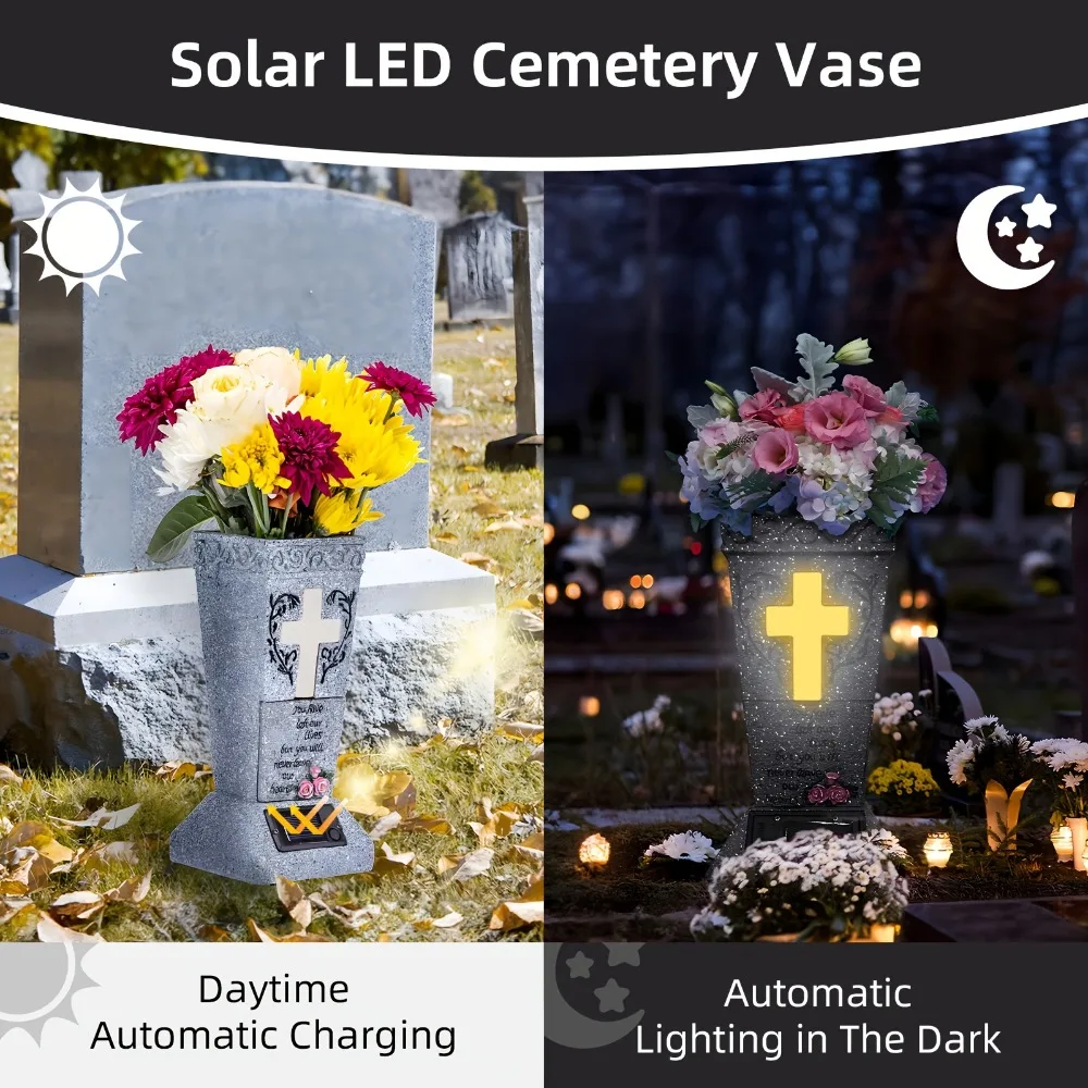 Jarrón solar conmemorativo para tumbas de gatos y perros con luz y cruz - imagen 3
