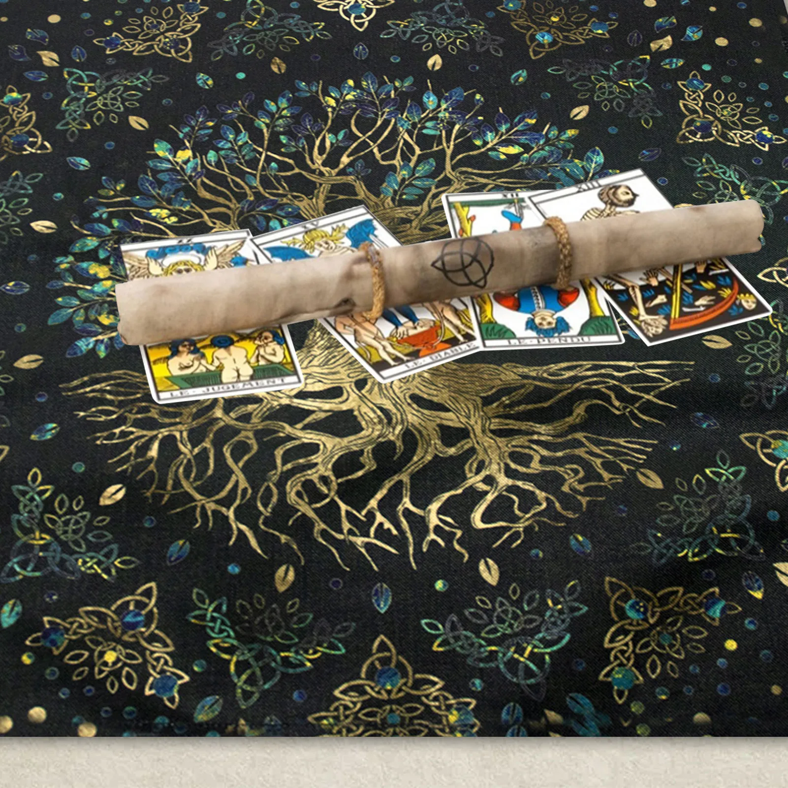 Cartas de Tarot del árbol de la vida, mantel de lino, adivinación, Altar, juegos de mesa, almohadilla de cartas de oráculo, runas, suministros de brujería, 60x60cm - imagen 5