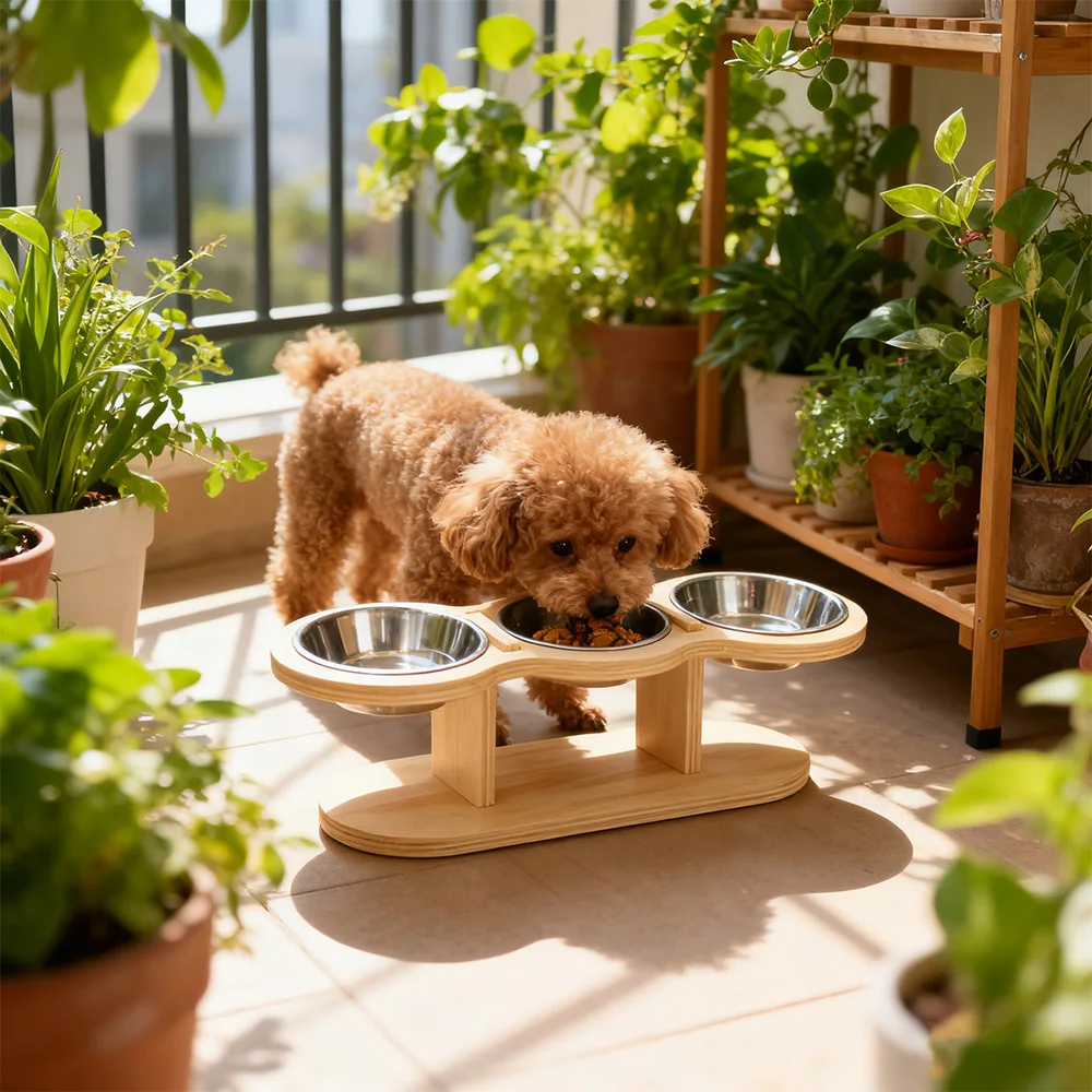 Comedero elevado para mascotas de 3 tazones, soporte elevado de madera con cuencos de acero inoxidable para interiores, gatos y perros pequeños, cuencos para comer saludable para mascotas