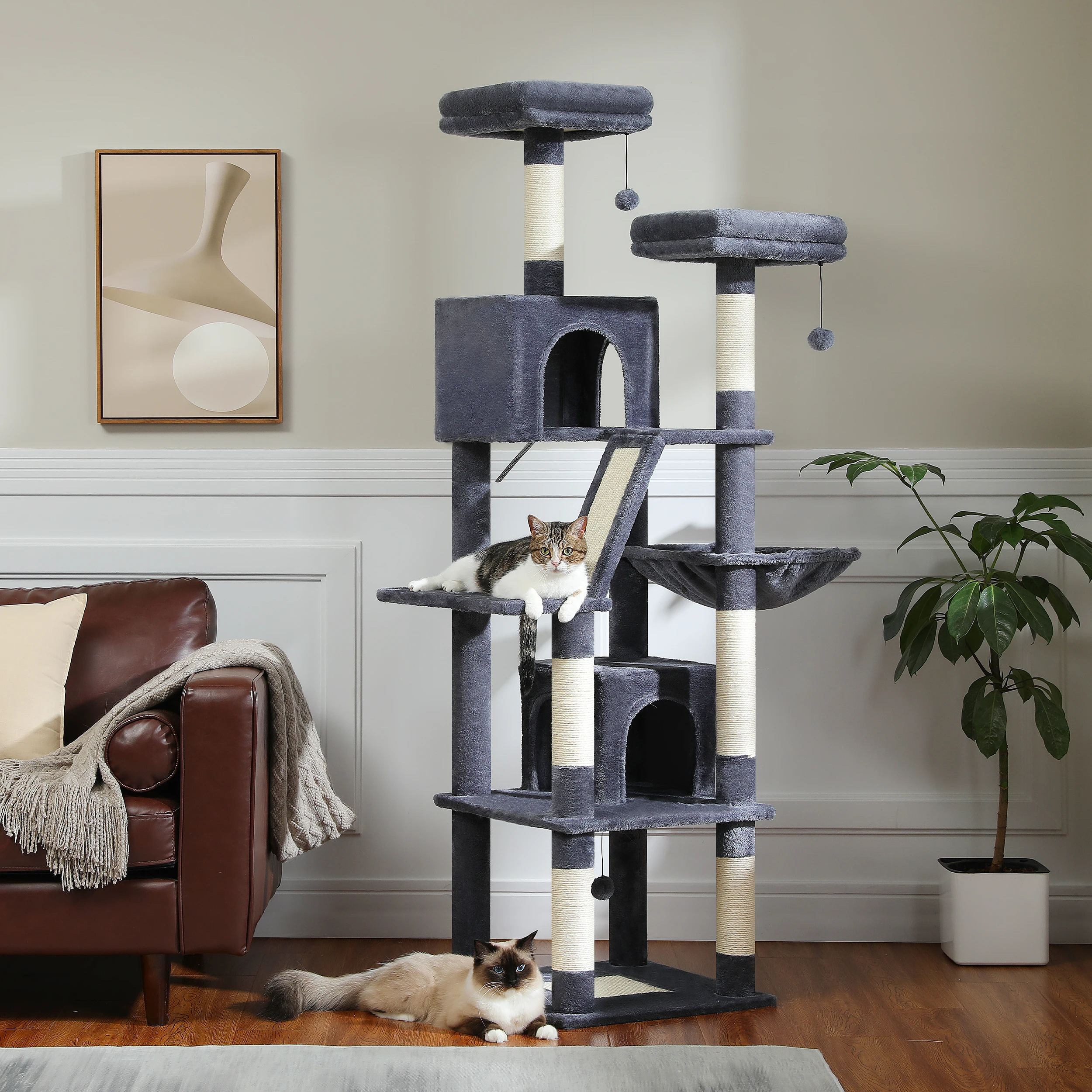 Árbol grande para gatos de H180CM, torre alta de interior para gatos, felpa de varios niveles con poste rascador de Sisal Natural, perchas para condimentos, hamaca - imagen 2