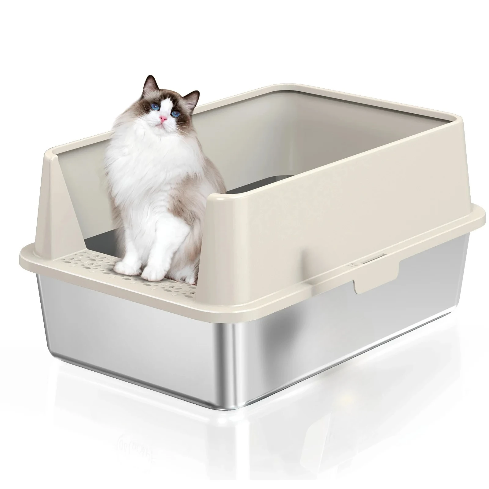 Caja de arena para gatos de acero inoxidable, caja de arena abierta para gatos, valla alta, gran tamaño, antisalpicaduras, caja de arena semicerrada para el hogar - imagen 4