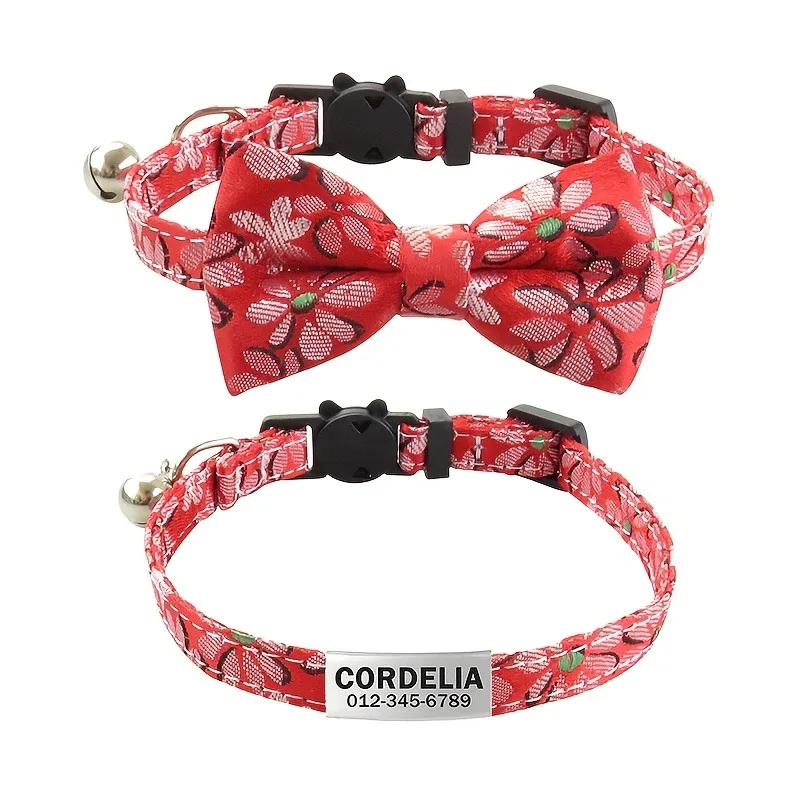 Collar de gato personalizado, etiqueta de nombre, lazo desmontable, hebilla de seguridad ajustable, pajarita, campana - imagen 2