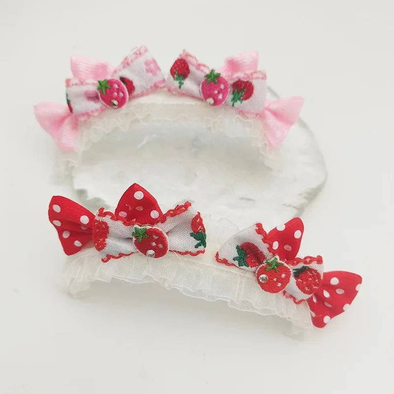 Diadema con lazo bordado para pelo de mascota, Clip de fresa, accesorios para perros Yorkshire, accesorios para cachorros - imagen 2