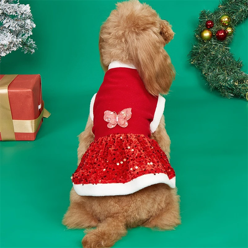 Feliz Navidad mascota perro vestido de invierno mariposa lentejuelas princesa niña gato monos a prueba de viento ropa de Festival para Bulldog Francés - imagen 3