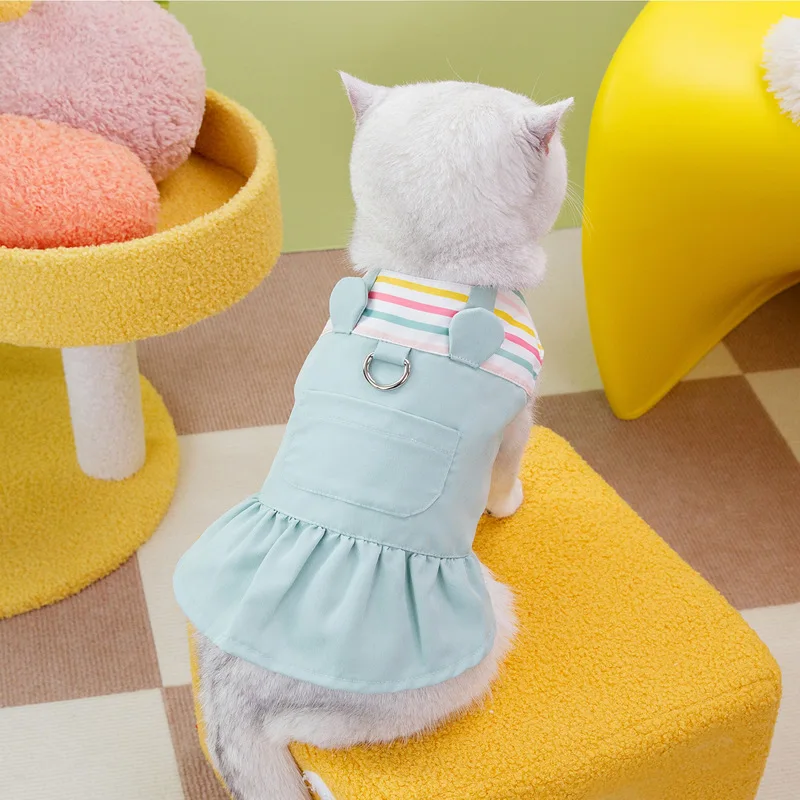 Falda con arnés a rayas para mascotas, vestido para mascotas, abrigo para perros que se puede colgar con un cordón, cuello cuadrado, falda de conejo, ropa para cachorros - imagen 3