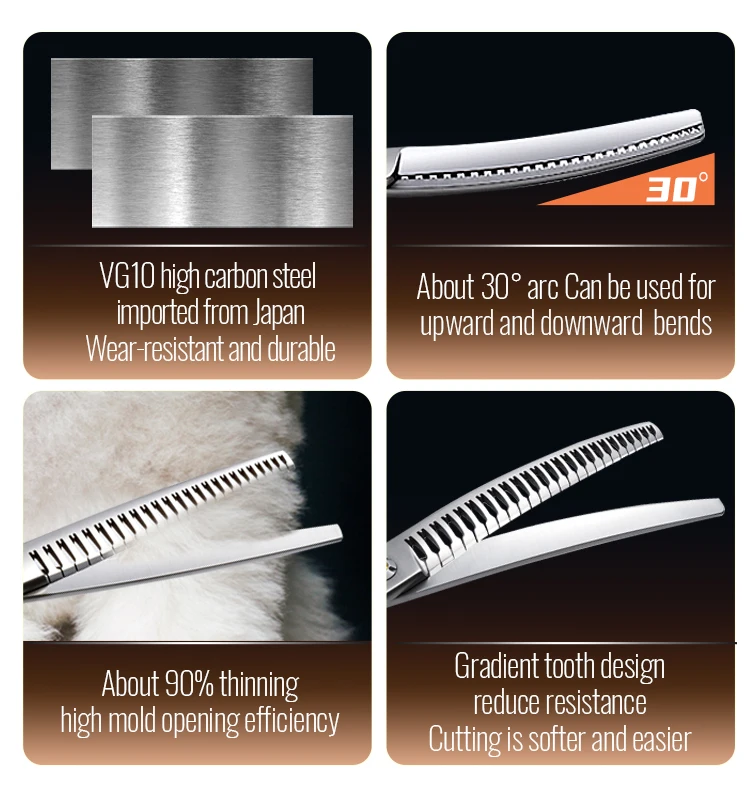 Fenice-Tijeras profesionales VG10 para mascotas, 7 pulgadas, curvadas/Rectas, más delgadas, naturales, tijeras de aseo para perros, peine incorporado, tasa de adelgazamiento 90% - imagen 2