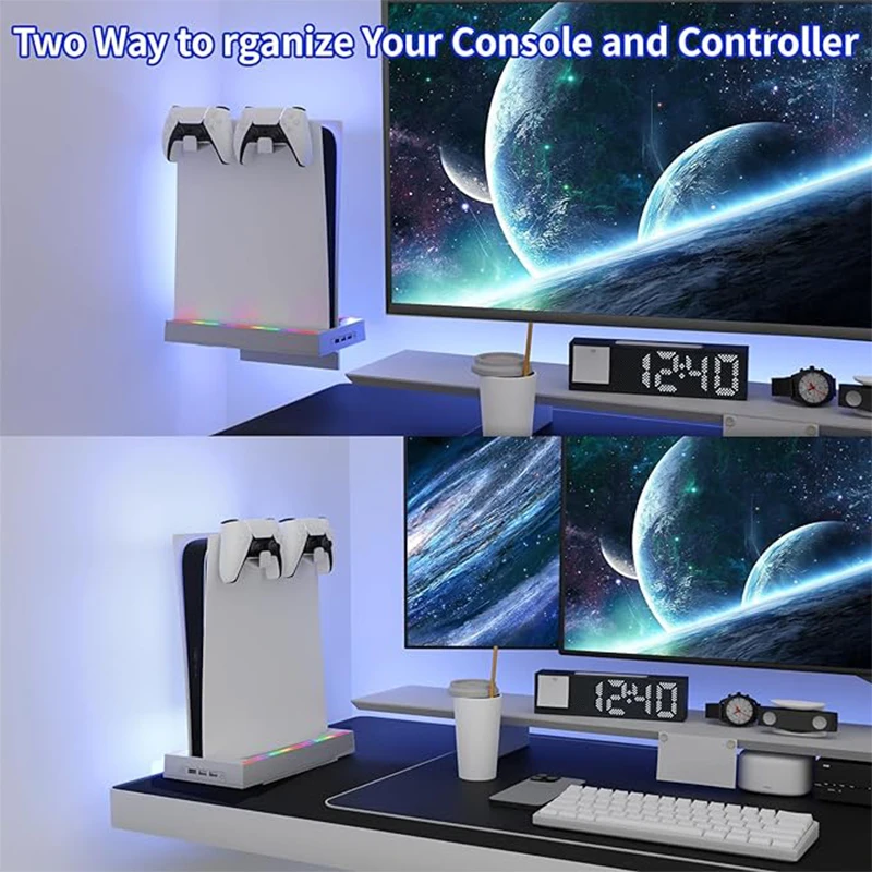 Soporte de pared para PS5 con luz RGB, soporte para PS5 con 3 puertos USB, Kit de montaje en pared para PS5 4 en 1 con 2 mandos - imagen 3