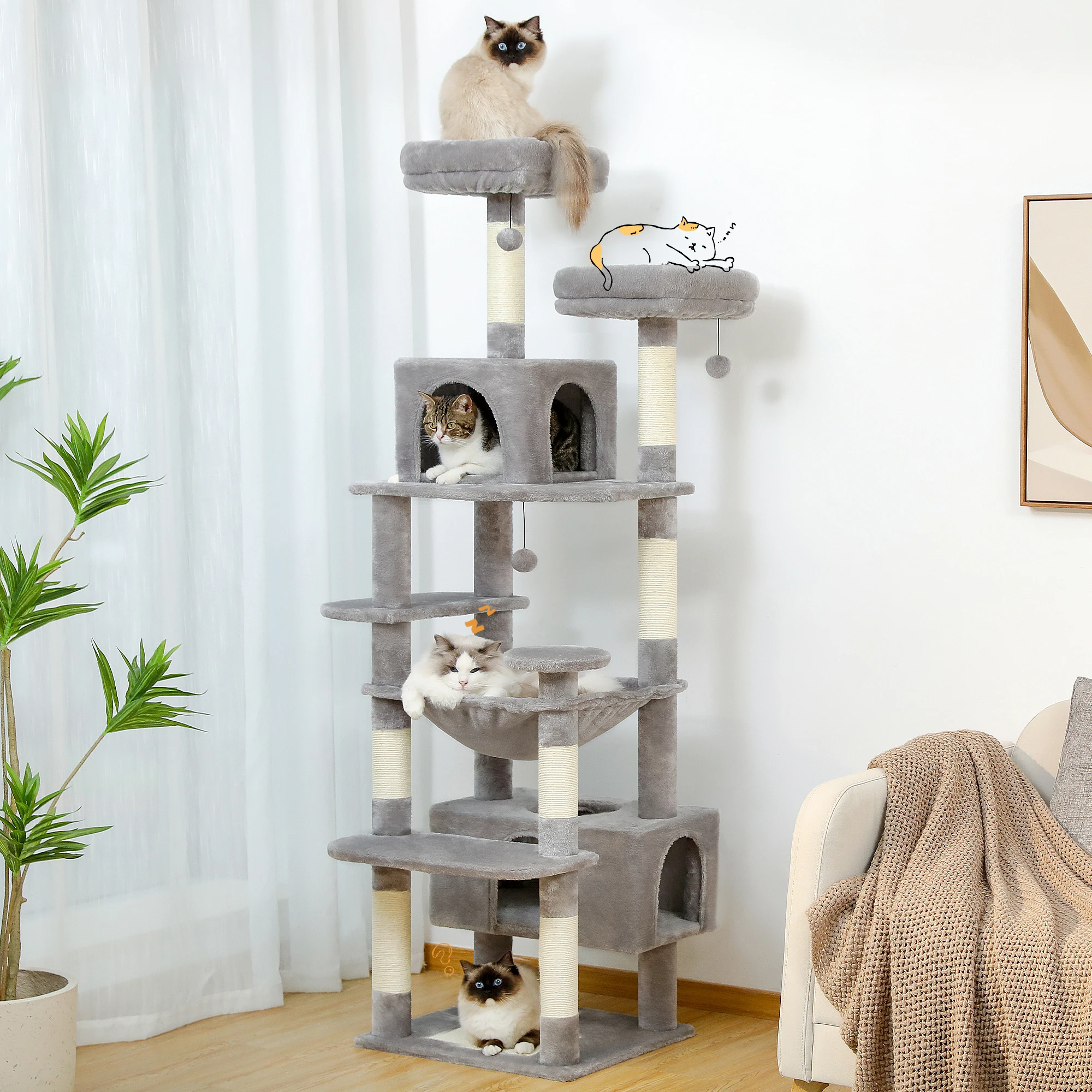 Árbol para gatos grande de varios niveles, postes y tablero para rascar cubiertos de Sisal, hamaca, condominio para gatos, percha superior espacioso, pelota colgante, juguetes para gatos