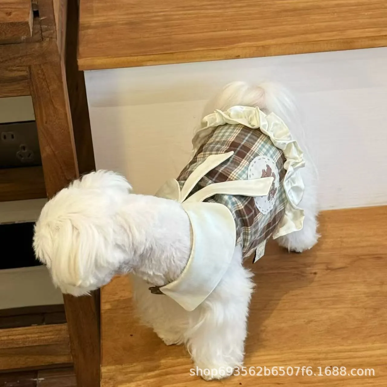 Falda de encaje a cuadros para otoño/invierno, chaleco para gato, vestidos para perros con lazo de peluche para perros pequeños, ropa para cachorros - imagen 2