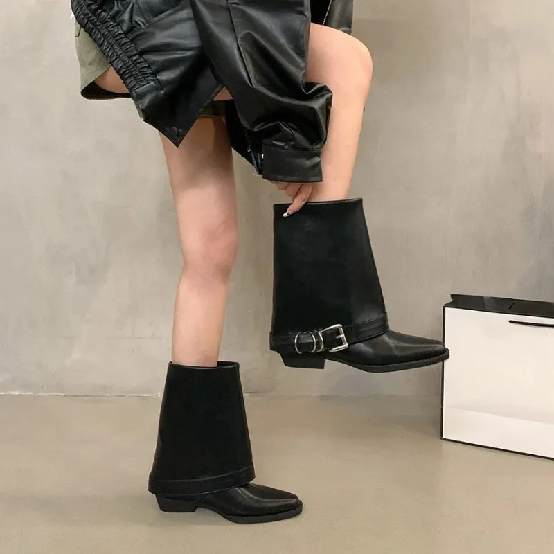 Botas de media pantorrilla con punta estrecha y hebilla de metal para mujer con tacón de bloque, suela de goma de piel sintética, botas de moda para Otoño e Invierno