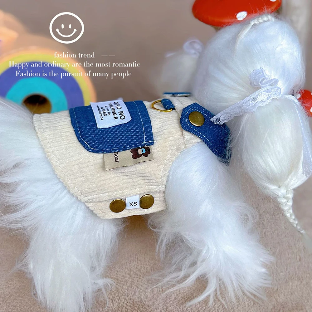 Vestido vaquero de pana para mascotas, chaleco de arnés duradero con anillo en D para correa, primavera y verano para cachorros, perros pequeños y medianos, gatos - imagen 4