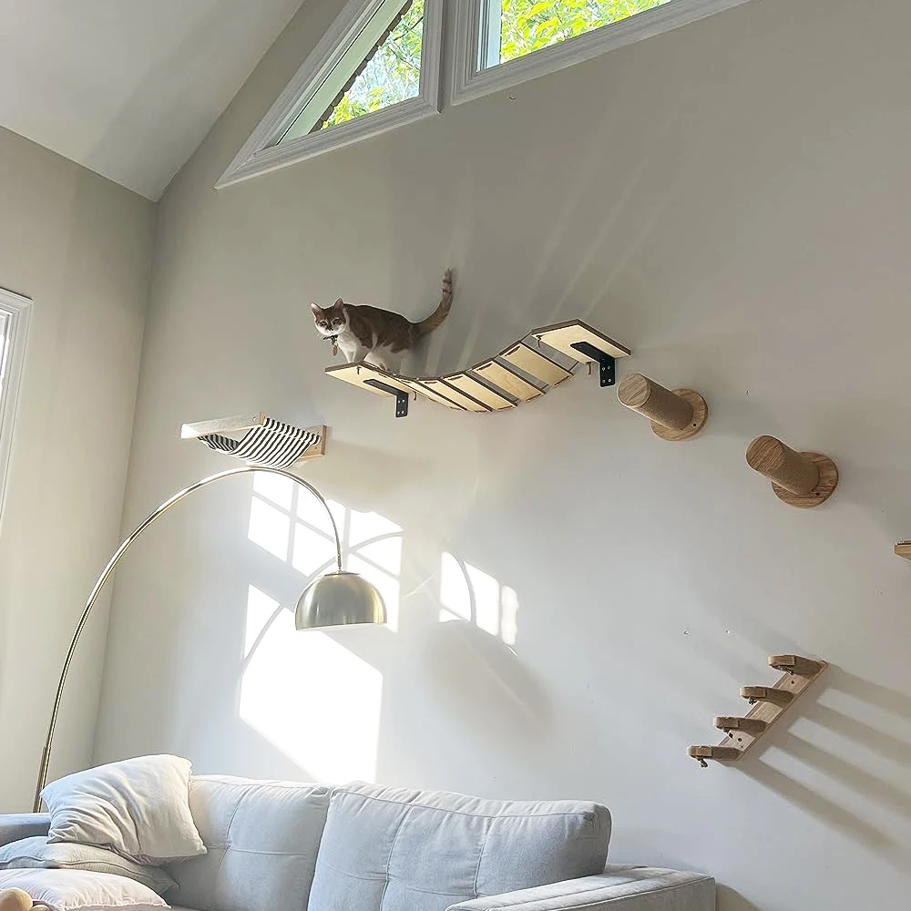 Marco de escalada para gatos de madera maciza, plataforma de pared para gatos montada en la pared, hamaca montada en la pared, sisal, antideslizante, fácil de limpiar, adecuada para jugar - imagen 5