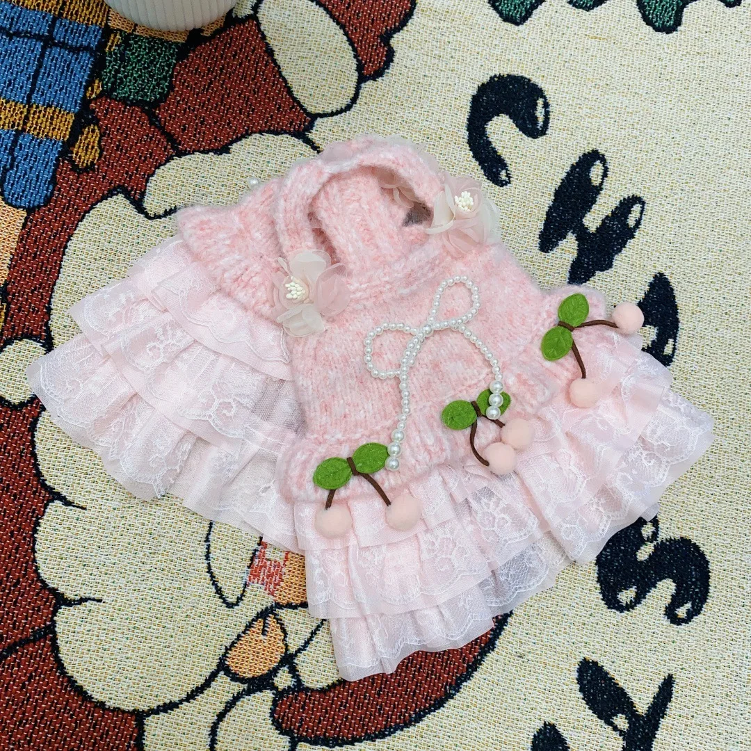 Vestido de cereza tejido para otoño/invierno para mascotas, vestido de princesa, suéter para perros y gatos, camiseta sin mangas de peluche Schnauzer, ropa para cachorros - imagen 4