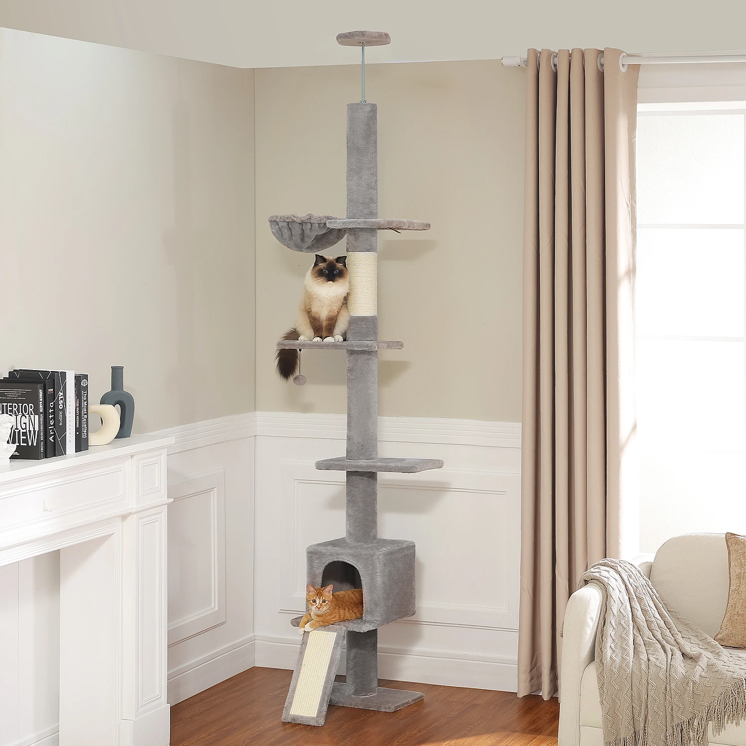 Torre alta para gatos de piso a techo con postes rascadores de Sisal Natural, escalera para rascar, hamaca acogedora y condominio privado, juguetes para gatos - imagen 3