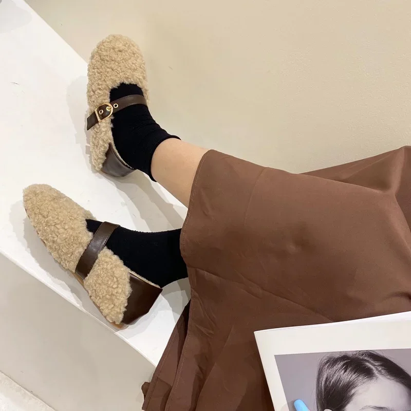 Zapatos planos de piel Vintage de diseñador para mujer, zapatos con hebilla de cinturón poco profundos a la moda, zapatos elegantes para mantener el calor para primavera y otoño - imagen 3