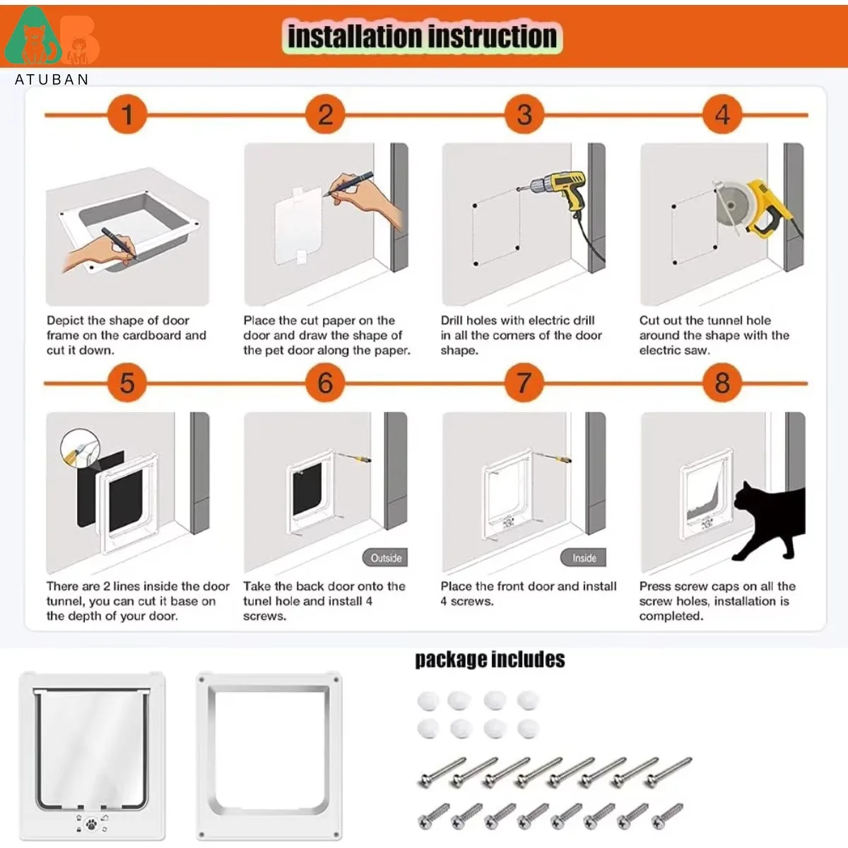 Puerta Interior para gatos pequeños, puerta con solapa de 4 vías de bloqueo, de madera/ventana, Exterior, resistente a la intemperie - imagen 4