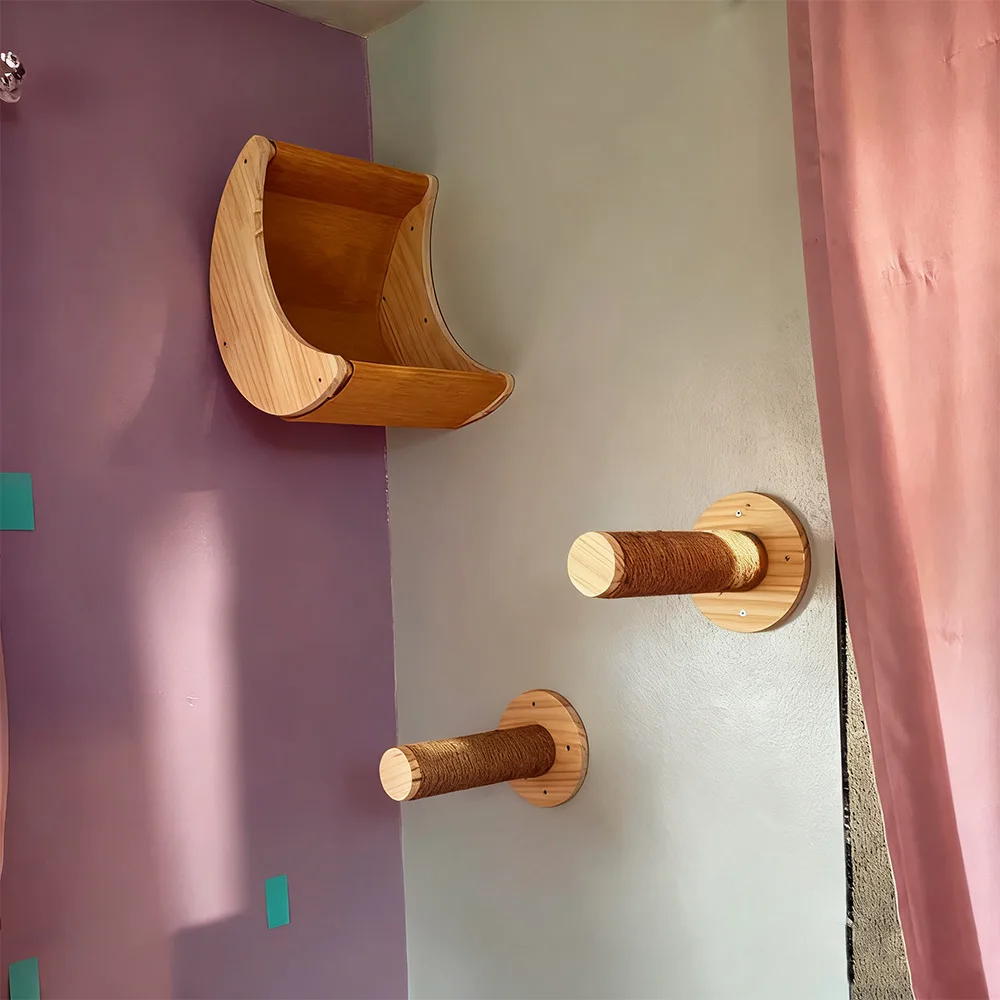 Sistema de escalada para gatos montado en la pared con estantes de madera Cama en forma de luna Plataformas de cara para gatos y escaleras de pared para jugar en gatos en interiores - imagen 2