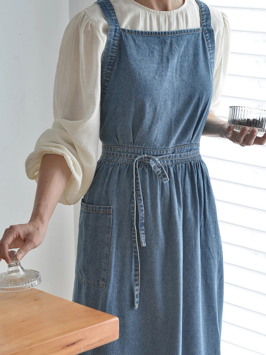 Delantal vaquero de primera calidad, lona de algodón resistente, resistente a las manchas, cintura ajustable, perfecto para cocinar, hornear, 1 ud. - imagen 4