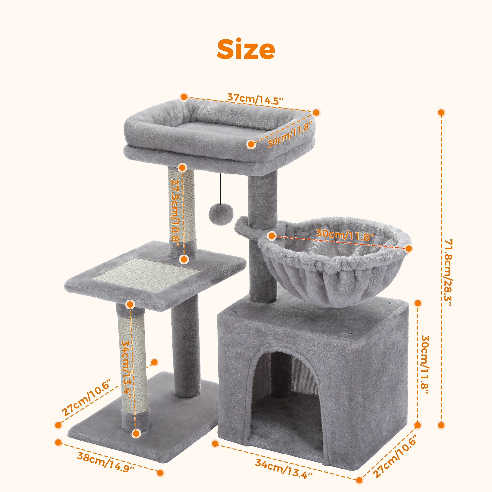 Árbol para gatos Torre para gatos de interior 2 estilos Árbol de actividades para gatos con postes rascadores para gatos Hamaca grande y perca superior extraíble Gris - imagen 4