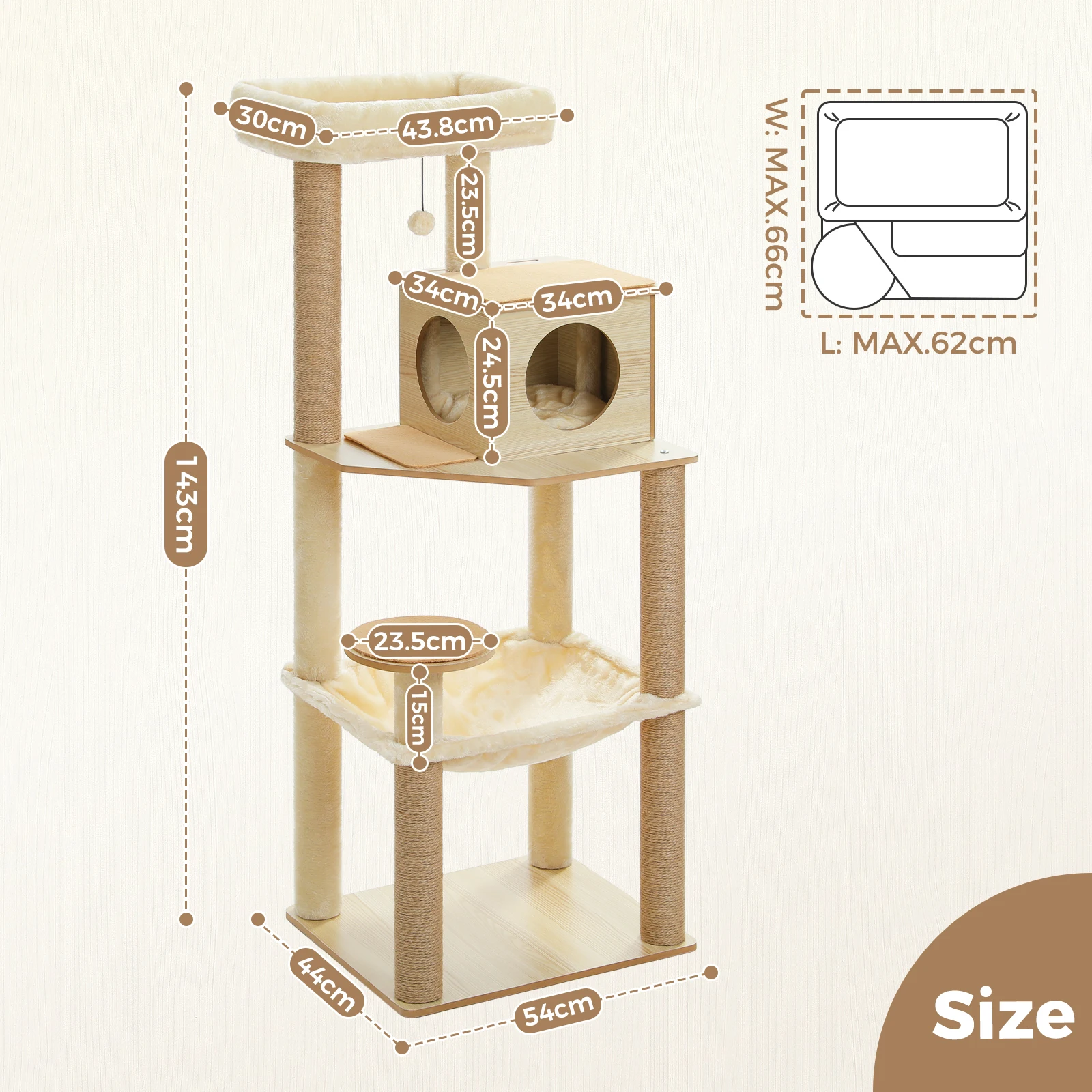 Vista completa del árbol para gatos de madera