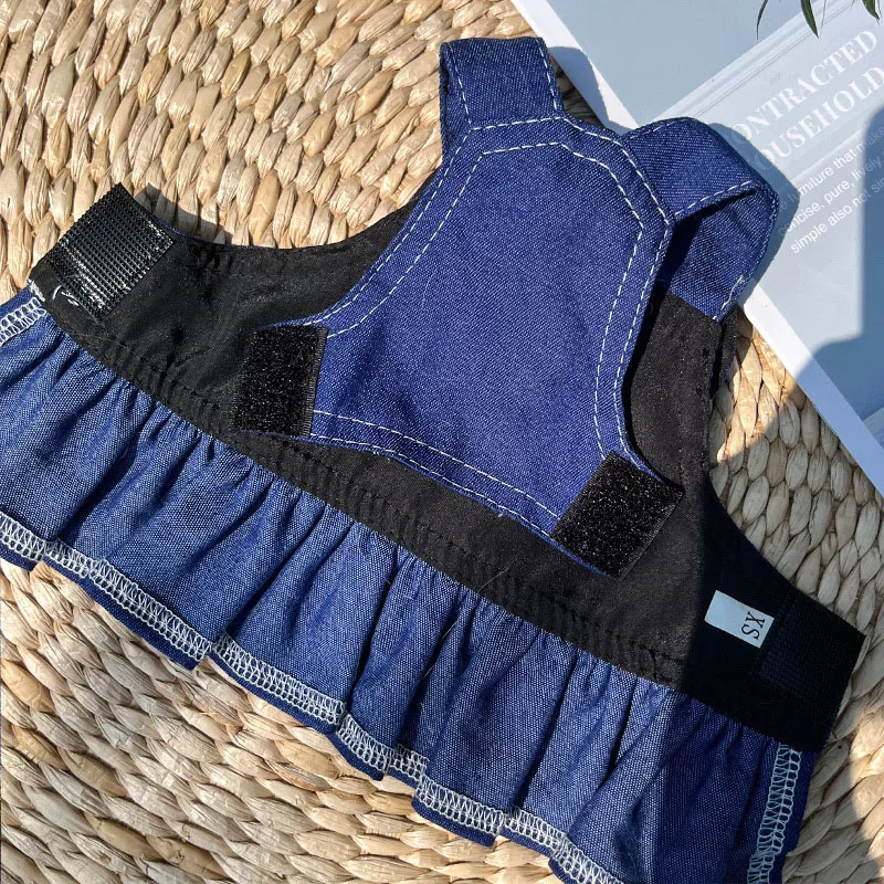 Ropa vaquera para perro, vestido azul de primavera para perro, arnés, pantalones vaqueros de Bulldog Francés, sudaderas con capucha y pajarita para gatos, falda con anillo en D para perros pequeños y grandes Yorkie - imagen 3