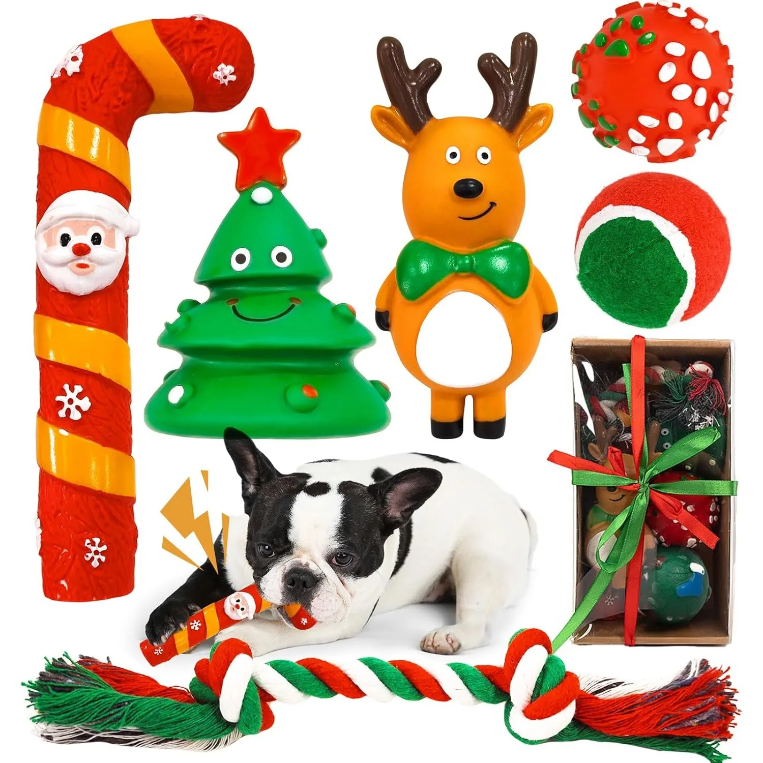 Juego de juguetes navideños para perros pequeños, pelota de juguete chirriante para vacaciones de Navidad y cuerda, juguetes interactivos para masticar para cachorros con Reno de Papá Noel, 6 uds.